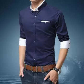 Men Shirts Anti-wrinkle Shirt White Blue Solid Long Sleeve British Style Cotton M