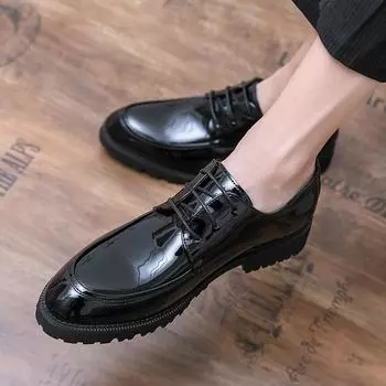 men shoes Bright skin male comfortable oxfords shoes lace up luxury brogues mens Business Moccasins club party shoes men 7 чёрный