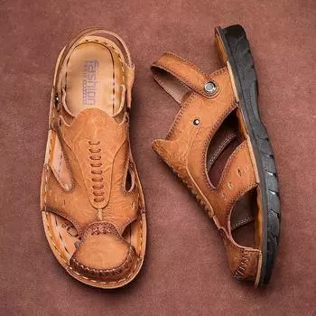 Men Shoes Flats Slip on Leather Sandals Men Fashion Non-slip Slippers Outdoor Sandy Beach Men Sandals Breathable High Quality 38 чёрный