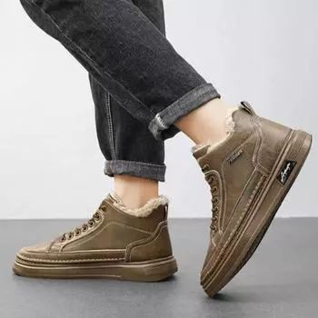 Men Shoes Winter Warm Cotton Plush Ankle Boots Antiskid Simple Versatile Leather Boots Thick Soled Workwear Safety Shoes Botines 39 хаки