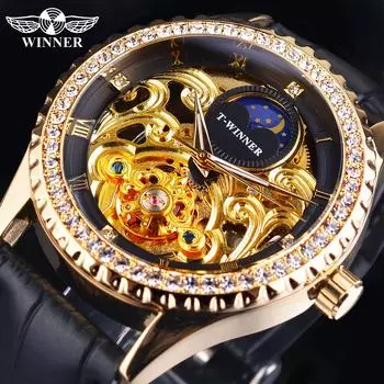 Men Skeleton Mechanical Watches Retro Automatic Tourbillon Wristwatch Luxury Diamond Design Moon Phase Leather Watch чёрный/золотой