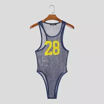Men Sleeveless Letter Print See Through Transparent Jumpsuits Bodysuits Home Wear S
