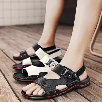 Men Slippers Black Leather Gladiator Sandals Outdoor Summer Roman Sandals for Men Beach Shoes Plus Size EU:38 слоновая кость