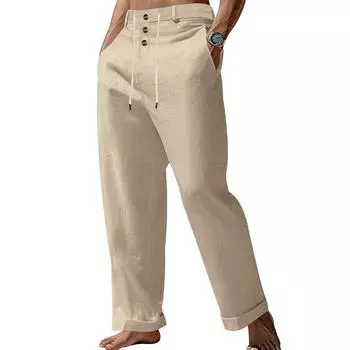 Men Spring and Autumn New Fashion Straight Flax Strap Beach High Waist Casual Pants Men S белый