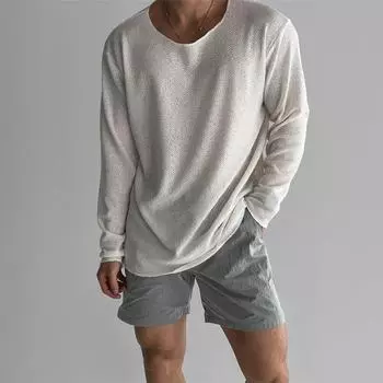 Men Spring and Fall Long Sleeve Knit Tops Solid Color Causal Comfortable T-shirts 2XL белый