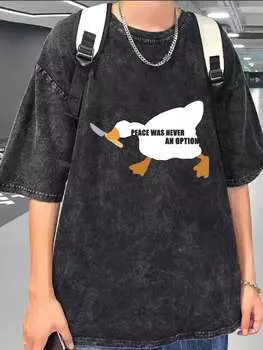 Мужская весенне-летняя повседневная свободная футболка с забавным принтом в виде мультфильмов и букв и спущенным плечом S