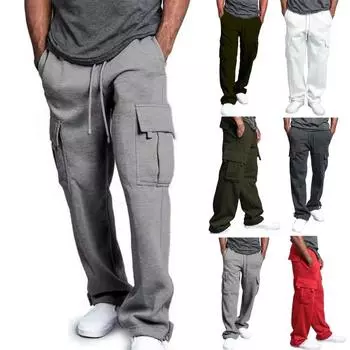 Men Spring Fall Pants with Multi Pockets Drawstring Elastic Waist Wide Leg Plus Size Sweatpants Stretchy Slacks Solid Color Sport Jogging Trousers S чёрный