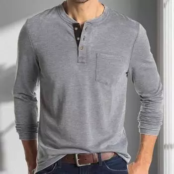 Men Spring Top with Chest Pocket Buttoned O Neck Slim Fit Long XL хаки