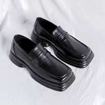 Men Square Toe Black Loafers Thick Sole PU Solid Color Mask Decoration Versatile Work Shoes Fashionable Business Men Shoes 38 чёрный