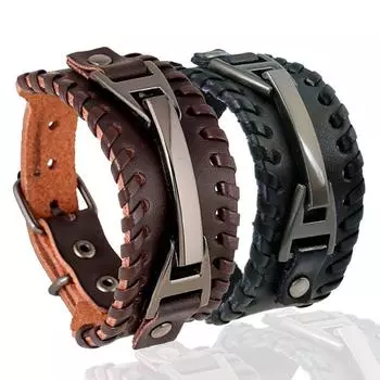 Men Stylish Wide Leather Bracelet Punk Braided Rope Alloy Cuff Bangle Male Wristband ARI чёрный