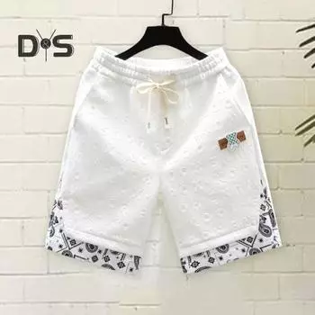 Мужские летние шорты с тиснеными английскими буквами, спортивные шорты с цветными блоками, эластичный пояс, затягивающийся шнурок, имитация двухкомпонентных шорт M белый