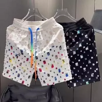 Мужские летние шорты с рваными вставками, свободные, с эластичной резинкой на талии, в стиле хип-хоп, для спорта, на каждый день, для вечеринок L чёрный