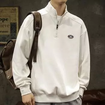 Men Sweatshirt Half Zipper Elastic Cuffs Long Sleeves Stand Collar Loose Pure Color M белый