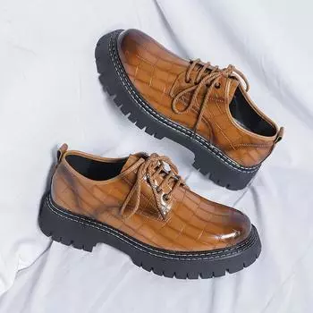 Men Thick Soled Work Clothes Shoes PU Embossed Stone Pattern Lace Up Derby Business Casual Shoes Non Slip Men Shoes 38