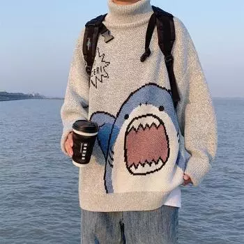 Мужские водолазки Shark Sweater Men 2025 Winter Patchwor Korean Style High Neck Oversize Waterneck для мужчин XL синий