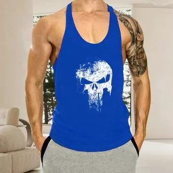 Мужской жилет с круглым вырезом без рукавов, свободный спортивный топ с черепом, быстросохнущий, с принтом, жилет для фитнеса, майка для бодибилдинга XL белый