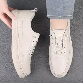 Men Vulcanize Casual Footwear Classic Genuine Leather Walking Shoes Breathable Mens All-match Sneakers Lace-Up 2024 New Men Shoe 38 бежевый