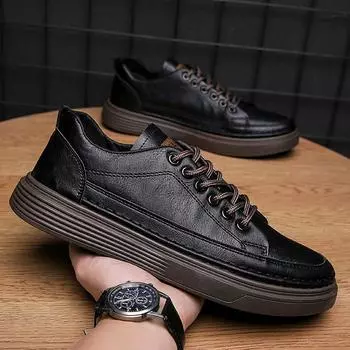 Men Vulcanized Shoes New Casual Leather Sports Fashion Waterproof Vulcanized Comfortable Spring Casual Shoes for Men 39 черный коричневый