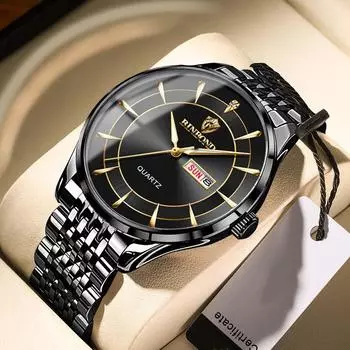 Мужские часы Water Diamond Luxury Night Glow с двойным календарем и кварцевым механизмом 42 мм из черного золота из нержавеющей стали, модные деловые часы