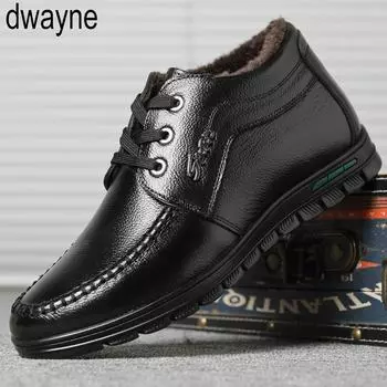 Men Winter Boots Business Genuine Leather Ankle High-top Cotton Snow Boots With Full Fur lining for father 38 чёрный