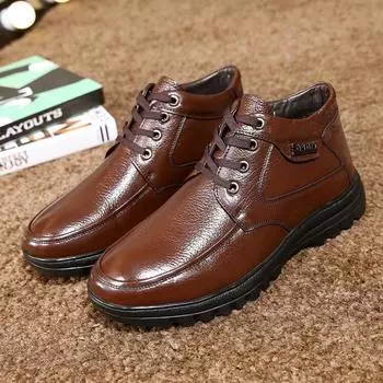 Men Winter Boots Business Genuine Leather Ankle High-top Cotton Snow Boots With Full Fur lining for father fgb78 39 чёрный