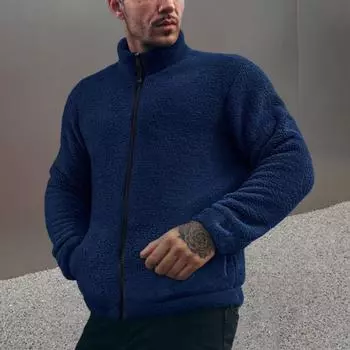 Мужское зимнее пальто с воротником-стойкой и длинным рукавом, однотонный утолщенный плюш M чёрный