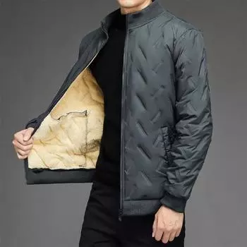 Men Winter Cotton Coat with Pockets Stand Collar Long Sleeve Thickened Velvet Lining S темно-серого