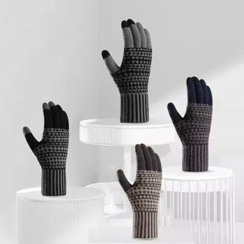 Men Winter Keep Warm Knitted Thicken Touch Screen Soft Gloves темно-коричневого