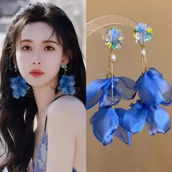 Menciyi Same Style Blue Artistic Flower Earrings Earrings Ear Studs Ear Clip 2025 Spring and Summer New Travel Vacation A0187 blue art flower earrings