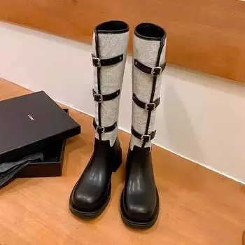 Meng Ziyi black and gray splicing knight boots women s autumn and winter new belt buckle high boots long boots fashion boots 35