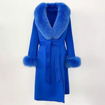 MENINA Новое осенне-зимнее модное шерстяное пальто из 100% шерсти с гофрированной водой и съемным воротником из лисьего меха для женщин, повседневная одежда L зелёный