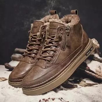 Mens Boots Winter Fashion High Top Leather Shoes Brown Black Ankle Boots Short Plush Lace-up Cotton Shoes Male Sneakers New 2024 39
