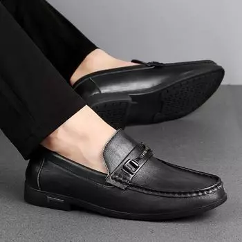 Mens Casual Genuine Leather Shoes Driving Loafers Men Business Shoes Fashion Slip-on Men Shoes Black High Quality Flat Moccasins 38 чёрный