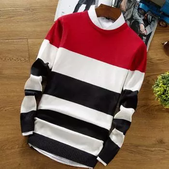Mens Casual Long Sleeve Loose Knitwear Pullover Tops Round Neck Jumper Sweater RedBlack,M
