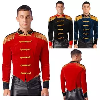 Mens Circus Ringmaster Costume Velvet Jacket Fringed Epaulets Stand Collar Halloween Party Attire