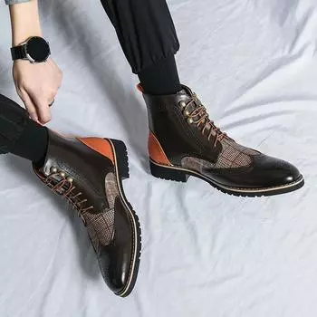 Mens Classic Ankle Boots Handmade Genuine Leather High Top Dress Shoes Casual Business Retro Lace-up Motorcycle Boots for Men 38 коричневый