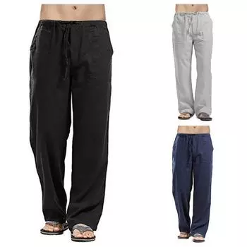 Мужские длинные брюки из хлопка и льна, летние брюки на шнурке, брюки для отдыха и курорта, мужские тонкие свободные брюки прямого кроя большого размера S чёрный