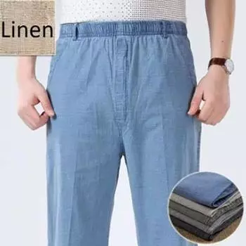 Mens Cotton Linen Long Pants Summer Elastic Waist Trousers Solid Breathable High Waist Loose Leisure Resort Thin Straight Pants 5XL