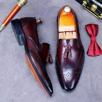 Мужские деловые туфли из натуральной кожи, лоферы с кисточками, черные мужские туфли 2024 года, свадебные туфли, кожаные броги без застежек 6 чёрный