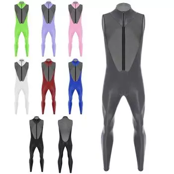 Mens Glossy Sheer Mesh Jumpsuit Front Zipper Sleeveless Design Zipper Crotch Long Leg Catsuit M