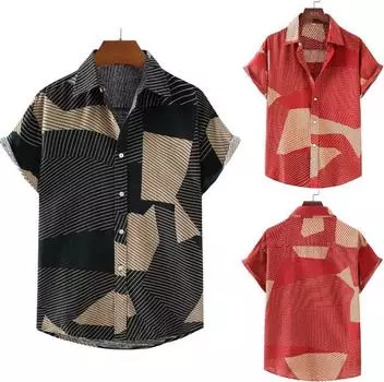Mens Hawaiian Floral Short Sleeve Casual Shirts Loose Tops Tee Shirt S красный