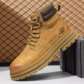 Mens High Top Shoes High Quality Suede Leather Mid-Calf Boots Fashion Outdoor Motorcycle Boots Man Lace Up Non-Slip Ankle Boots 39