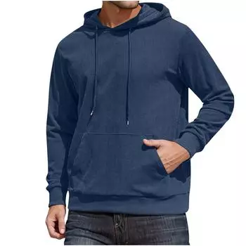 Mens Hoodies Long Sleeve Casual Corduroy Drawstring Sweatshirt With Pocket Lightweight Fall Stylish Tops XL синий