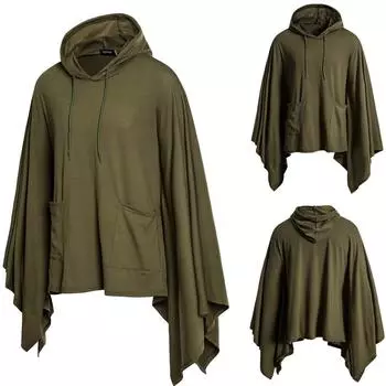 Mens Irregular Patchwork Loose Sleeves Hooded Cape Coa XL