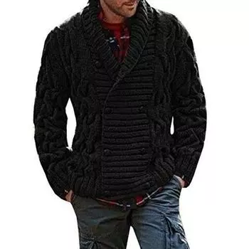 Mens Knitted Thick Shawl Collar Double Breasted Cable Knitwear Cardigan Sweater Black,XL