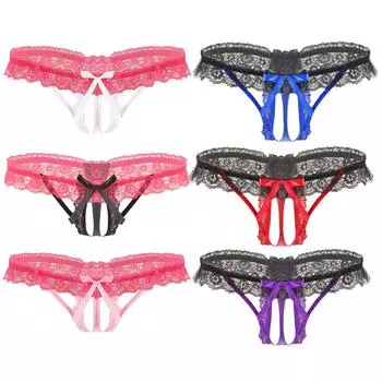 Mens Lace Trim G-String Low Rise Thong Bow Accent Nightclub Underwear One Size