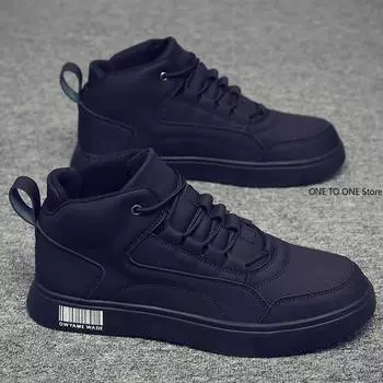 Mens Leather Casual Walking Boot Spring Winter Boy Students Hightop Platform Travelling Sneakers Highcut Career Skateboard Shoes 39 чёрный