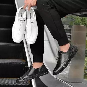 Мужские кожаные туфли Мужские мокасины из спилка Повседневная мужская обувь Удобная обувь для ходьбы и вождения Мокасины Мужские туфли на плоской подошве 47 белый