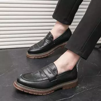 Mens Leather Shoes slip on Fashion Spring autumn Loose Casual Men Shoes outdoor Korean Version Simple Business Leather Shoes Men 6.5 чёрный