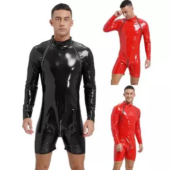 Мужской комбинезон с длинным рукавом, с мокрым эффектом, на молнии в области паха, боди из лакированной кожи, костюм для клубных танцев и выступлений M